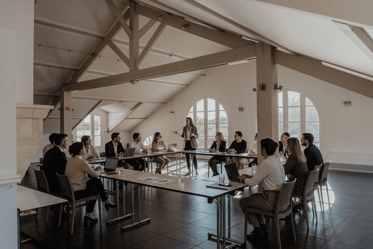 Réunion professionnelle dans la salle du parc